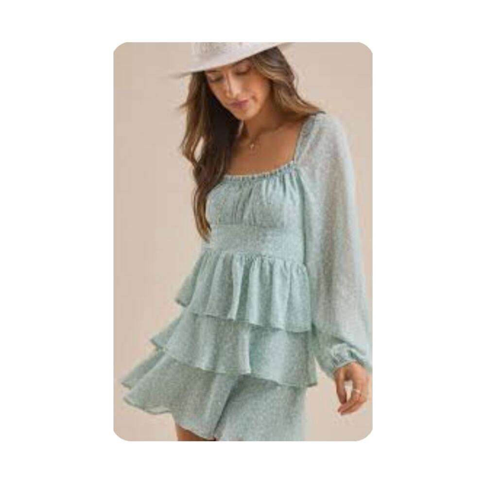 Altard State Dress Womens S Green Floral Aitana Puff Sleeve Smocked Ruffle Mini